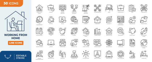 Working from home icon set. Contains icons related to remote working, freelance, hybrid work, digital nomad, work at home, and more. Outline Icon Collection. Vector illustration. Editable stroke	