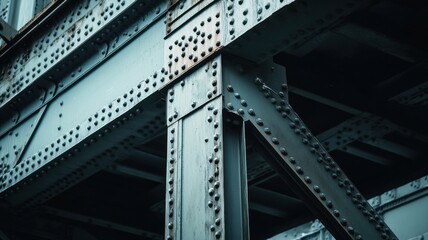 Obraz premium Close-Up of a Dramatic Steel Structure Supporting a Bridge, Showcasing Engineering and Design Excellence