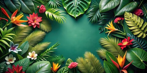 Naklejka premium Lush Tropical Floral Arrangement with Vibrant Blooms and Exotic Greenery on a Deep Green Background, Ideal for Decorative or Design Purposes