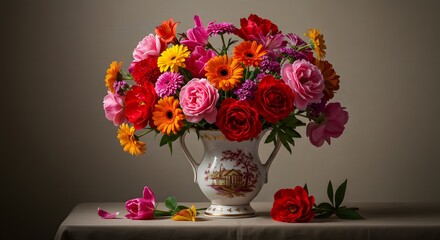 Fototapeta premium Vibrant Bouquet in Vintage Urn: A Still Life Masterpiece