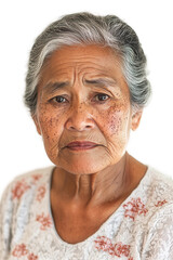 Obraz premium Elderly woman with gray hair wearing a floral shirt, facial expression reflecting emotion, isolated on white background, showcasing age and wisdom in portrait photography.