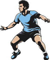 Naklejka premium Young athlete performing a dynamic maneuver in a blue sports uniform during a competitive match