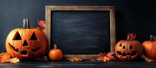 Halloween decorations with wooden framed blank chalkboard on a black background surrounded by carved pumpkins and autumn leaves in orange tones
