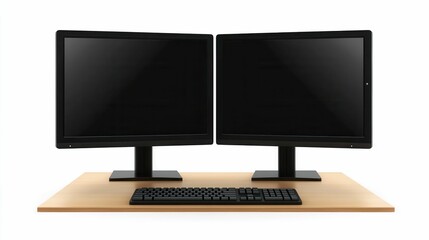Fototapeta premium Dual Monitor Business Work Desk Setup with Computer and Keyboard on Black Background