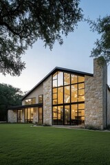 Fototapeta premium A contemporary home boasting expansive glass windows that beautifully reflect the warm hues of the sunset, nestled in a tranquil outdoor environment