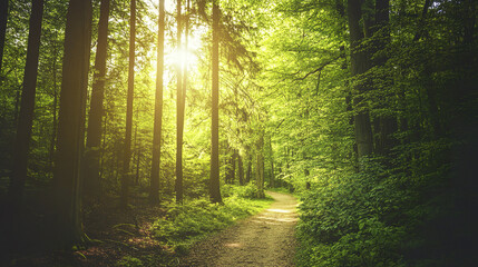 Fototapeta premium Sunlight filters through vibrant green forest, illuminating winding path