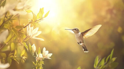 Fototapeta premium Hummingbird gracefully hovering near blooming flowers in sunlight