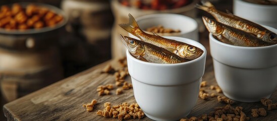 Cups with dry fish food on wooden surface surrounded by scattered kibble and containers in warm earthy tones highlighting pet nutrition theme