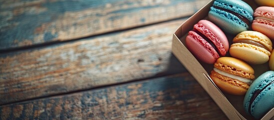 Vibrant assortment of colorful macarons in a brown gift box positioned on a rustic wooden table with soft lighting and ample copyspace.