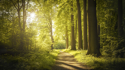 Fototapeta premium Sunlit forest path with tall trees and lush greenery