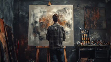 An artist paints a canvas in an art studio, viewed from behind, surrounded by creative tools.