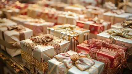 A selection of wrapped gifts with elegant bows and ribbons in a variety of colors.