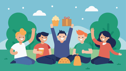 Victorious Exit The last illustration shows the gang of racs celebrating outside the bank sitting around a picnic spread with their loot. The food bags are open revealing delicious