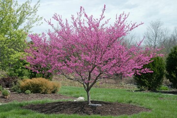 Eastern Redbud Tree Blooming with Pink Flowers in Spring Garden