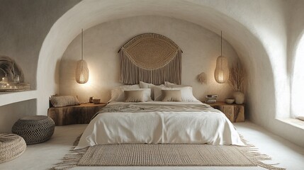 Cozy, arched bedroom with woven decor