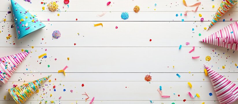 Colorful birthday party backdrop with blue striped and pink party hats, vibrant confetti scattered on white wooden surface, top view, copy space.