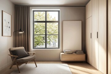 Fototapeta premium Includes a stylish chair, wardrobe, and bookshelf.