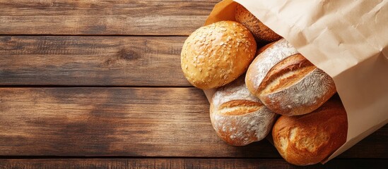 Assorted healthy breads spilling from a brown paper bag on a wooden table with warm tones creating a rustic supermarket shopping ambiance