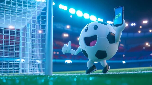 Slow motion scene of a funny animated cartoon soccer ball, which cheers joyfully while running with the smartphone in his hand with the word "GOAL". Night scene in a stadium illuminated by floodlights