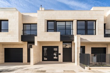 A striking modern residential building features a stunning stone facade and a sleek design, gracefully situated in a contemporary neighborhood under a radiant blue sky