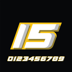 racing number 15 with racing effect, for racing, racing, sports in yellow and white on black background