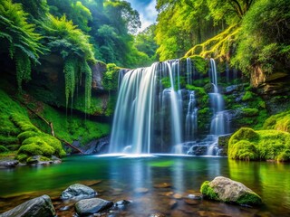 Obraz premium Serene Waterfall Cascading Over Mossy Rocks in Lush Forest
