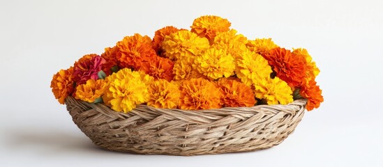 Vibrant marigold flowers in shades of orange and yellow arranged in a woven wooden basket against a clean white background perfect for festivals