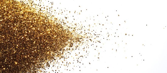 Golden glitter particles cascading diagonally from the top left corner to the bottom right on a pristine white background with ample copy space