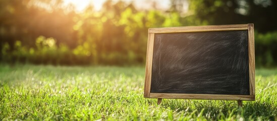 Chalkboard with wooden frame on lush green grass under golden sunlight with blurred trees in the background ideal for custom message display