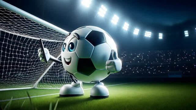 A cute animated soccer ball gives a thumbs up after checking his team's scores on the smartphone he's holding. He's inside a stadium, at night, with the lights of the spotlights illuminating the scene
