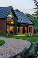 A contemporary brick home featuring expansive windows, elegantly positioned along a beautifully landscaped garden pathway, all under the enchanting light of twilight