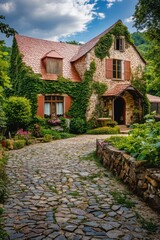 A charming old stone house is nestled amidst vibrant lush greenery and an array of blooming flowers, creating a serene atmosphere in the peaceful countryside