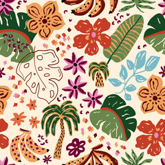 Tropical exotic flowers seamless pattern. Naive hand drawn flowers and leaves. Jungle bananas, hand painted palms, leopard spots. Vector summer vacation textile design, wallpaper, background, print.