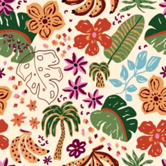Fototapeten Tropical exotic flowers seamless pattern. Naive hand drawn flowers and leaves. Jungle bananas, hand painted palms, leopard spots. Vector summer vacation textile design, wallpaper, background, print. © Tani Kuzminka