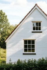 Nestled in nature, this enchanting white cottage is adorned with vibrant greenery and features bright, welcoming windows, all basking in the warm sunlight of a beautiful day
