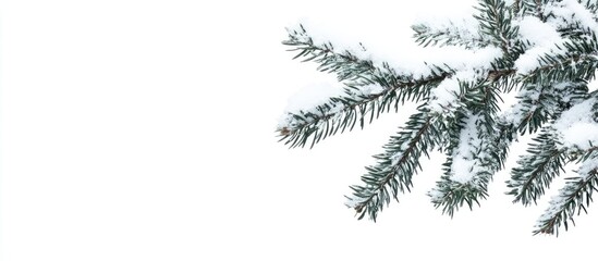 Obraz premium Snowy spruce branch arrangement on a white background with textured green needles and soft white snow accents on the right side of the image