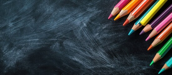 Colorful pencils arranged on the right side of a dark chalkboard surface with subtle texture and ample copyspace for back to school themed designs.
