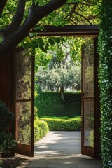 Tranquil garden entrance with lush greenery inviting visitors into a peaceful outdoor space surrounded by neatly trimmed hedges and vibrant trees during a sunny day