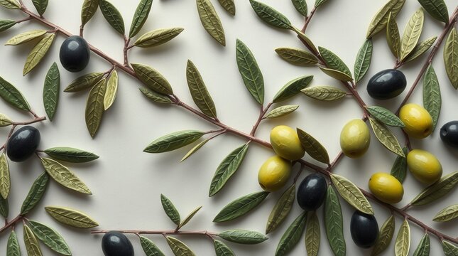 Naklejki Olive Branches: Green and black olives on branches, depicted in an artful arrangement for Olive Day.