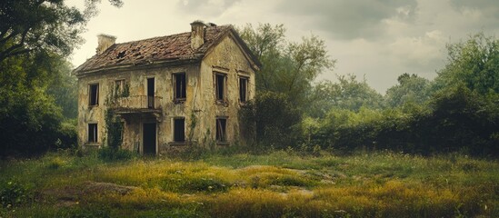 Obraz premium Abandoned rural house surrounded by overgrown grass and trees under a cloudy sky featuring muted greens and browns with ample space for text.