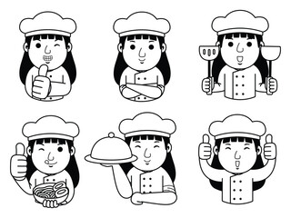 woman chef cartoon character line art	