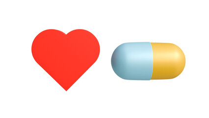3D model of capsule tablets in the colors of the Ukrainian flag yellow-blue and red heart on a white background, Ukrainian drug