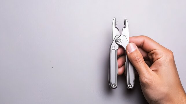 maintenance technical efficiency tools concept. A hand holding a silver multitool with pliers, set against a plain gray background.