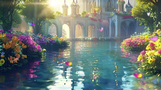 A magical fantasy castle surrounded by a vibrant floral garden, a peaceful waterway, and floating petals under golden sunlight. Seamless looping video animation background