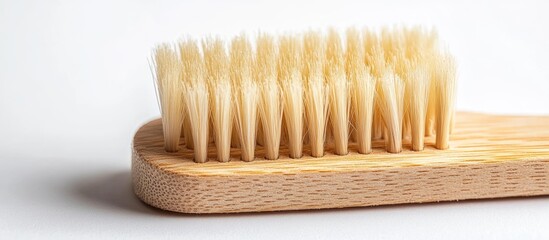 Natural wooden cleaning brush with soft bristles resting on a white background showcasing detailed texture and warm wood tones for cleaning purposes.