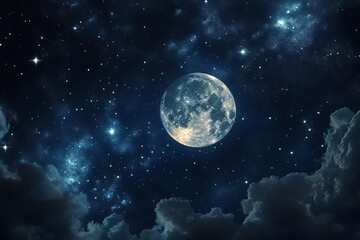 Beautiful Night Sky Full Moon Stars Cloudscape Celestial Background Space Universe Nighttime Dreamy Serene Peaceful Tranquil Magical Mystery Dark Blue