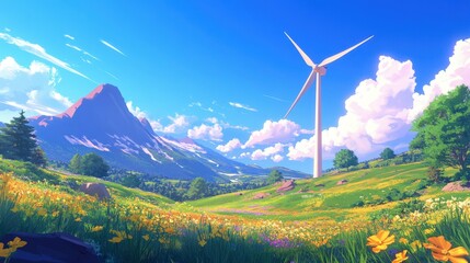 Scenic view of a wind turbine surrounded by yellow flowers in a green field, under a clear blue sky, vibrant and serene, renewable energy theme