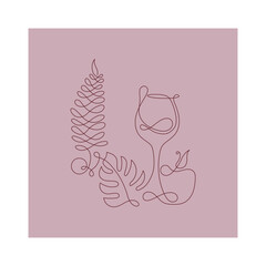 One line drawing of a wine glass, apple, and leaves – minimalist vector illustration