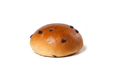 Bun with chocolate drops, Brioche bread with chocolate, isolated on white background