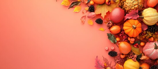 Autumn harvest arrangement with vibrant pumpkins, colorful leaves, and pine cones on a peach background creating a seasonal festive vibe